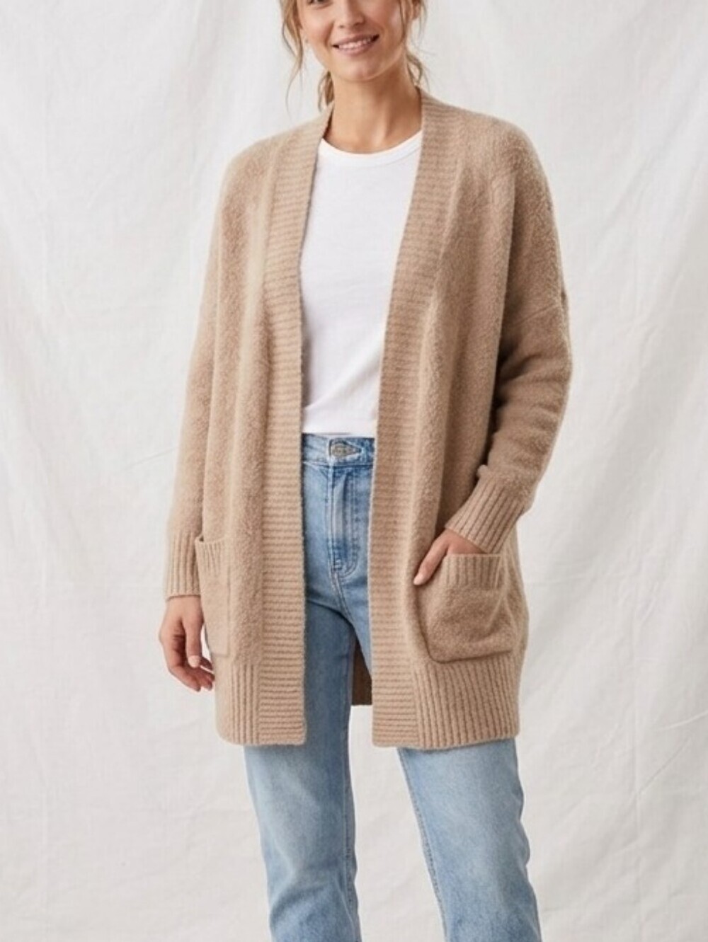 FYLO London Open Front Long Cardigan Sweater Size S Beige Wool Blend Oversized